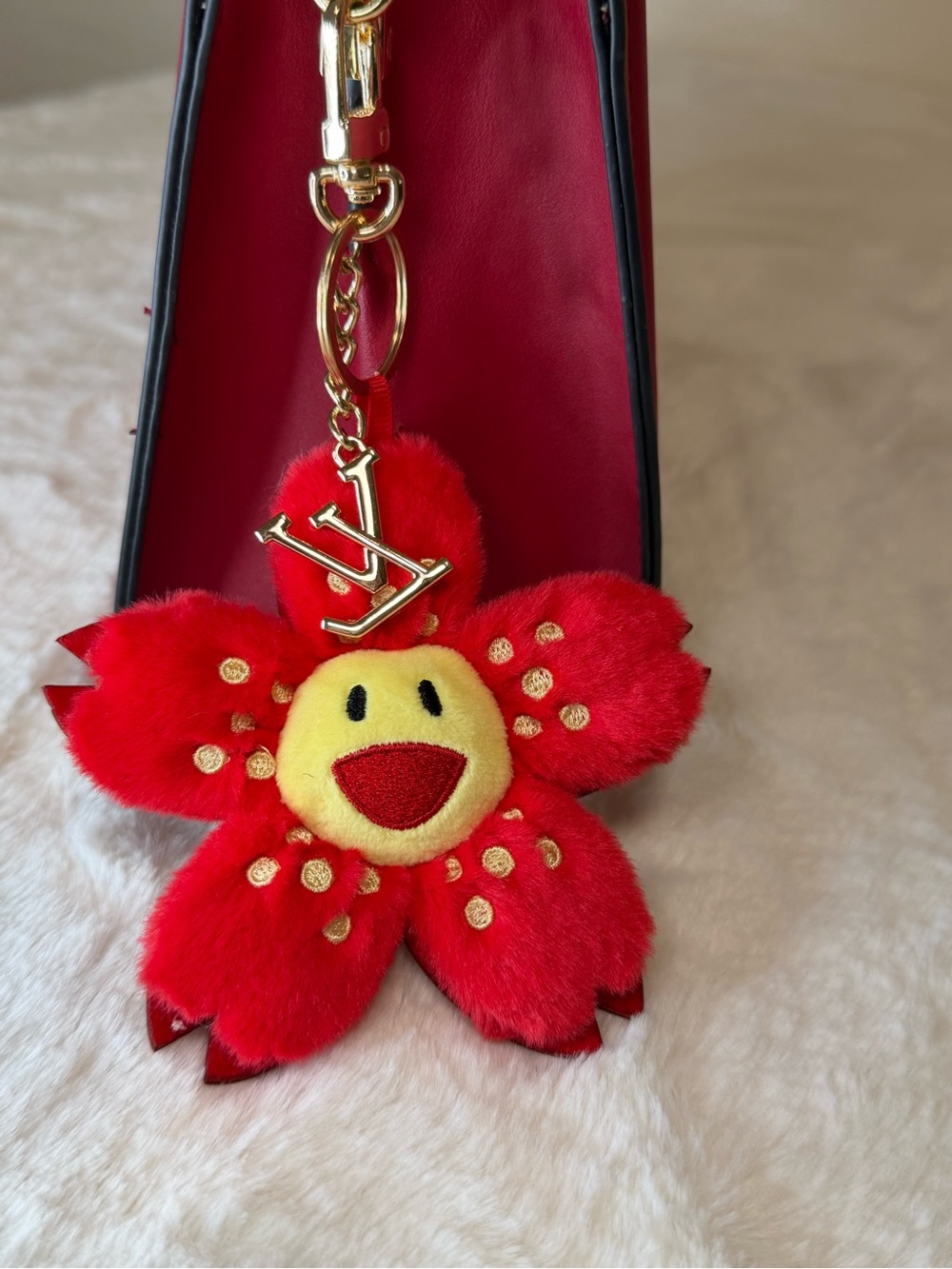 Keychain sakura Red and Yellow Flower Fur Key Charm with Gold Hardware